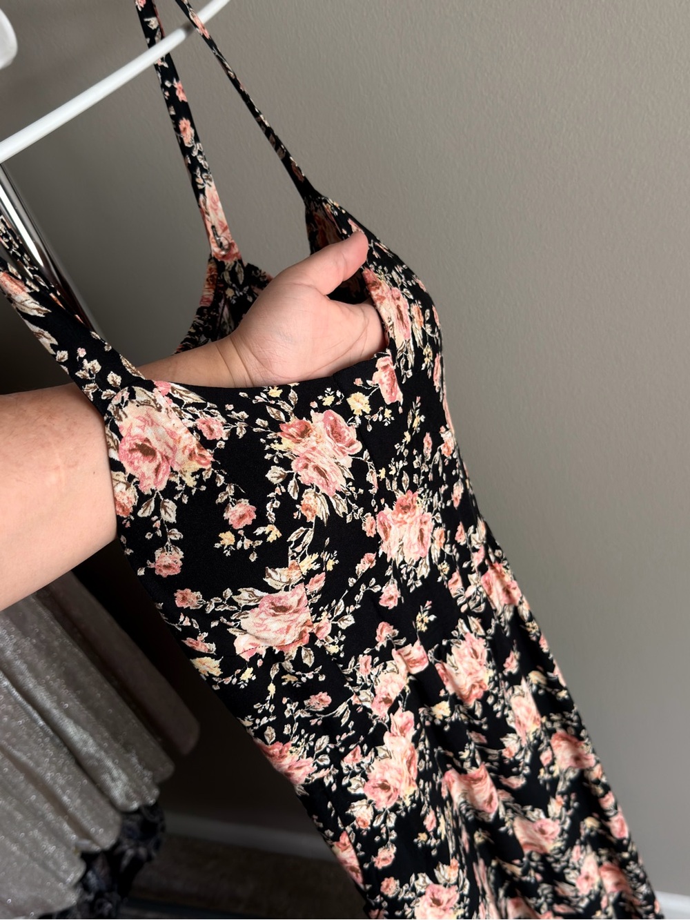 Black Floral Midi Dress with Pink Rose Print